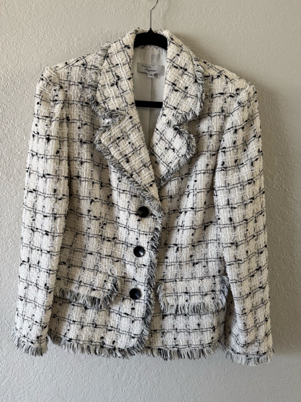 Vintage Designs By Seymour White Black Bouclé Three Button Blazer Size 14 (Med)